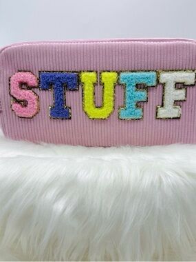 Pink 'STUFF' Corduroy Cosmetic or Pencil Pouch - Multicolor Letter Applique